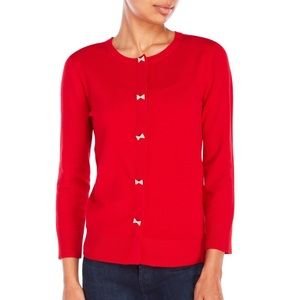 Red Cardigan with Gold Bow Tie Buttons